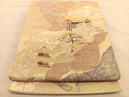 平和屋着物◎六通柄袋帯 清水寺 金糸 正絹 逸品 BAAU1008hv