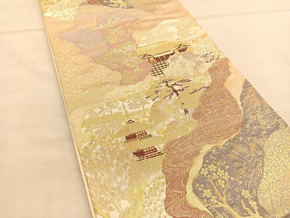 平和屋着物◎六通柄袋帯 清水寺 金糸 正絹 逸品 BAAU1008hv