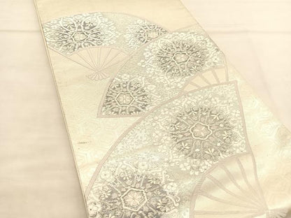 平和屋着物◎六通柄袋帯 唐織 正倉院 扇面花文 銀糸 正絹 逸品 BAAU1041hv