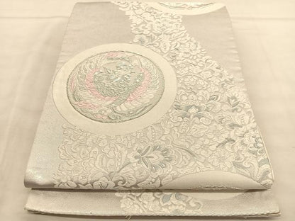 平和屋着物◎六通柄袋帯 唐織 鳳凰花丸文 銀糸 正絹 逸品 BAAU1044hv