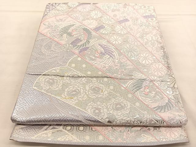 平和屋着物◎六通柄袋帯 唐織 桧扇慶祥文 銀糸 正絹 逸品 BAAU1055hv