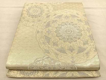 平和屋着物◎六通柄袋帯　花絵皿文　銀糸　正絹　逸品　BAAU1056hv