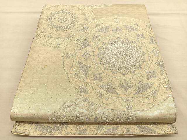平和屋着物◎六通柄袋帯　花絵皿文　銀糸　正絹　逸品　BAAU1056hv