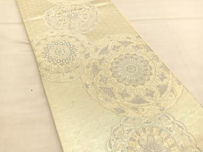 平和屋着物◎六通柄袋帯　花絵皿文　銀糸　正絹　逸品　BAAU1056hv