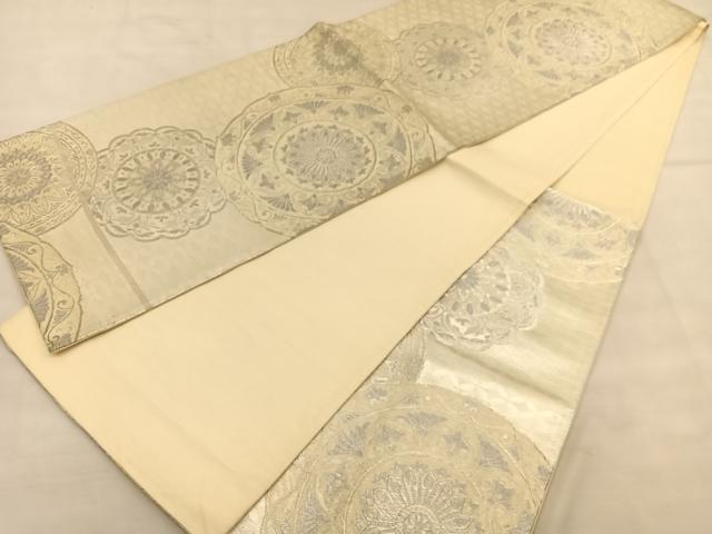 平和屋着物◎六通柄袋帯　花絵皿文　銀糸　正絹　逸品　BAAU1056hv