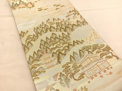 平和屋着物◎六通柄袋帯 名所飛鶴風景文 金銀糸 正絹 逸品 BAAU1065hv