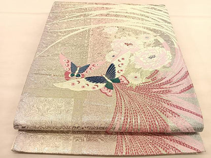 平和屋着物◎六通柄袋帯 唐織 花蝶文 銀糸 正絹 逸品 BAAU1078hv