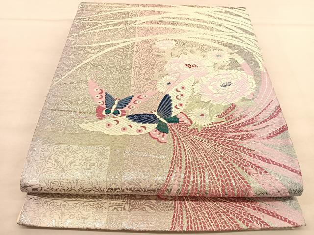 平和屋着物◎六通柄袋帯 唐織 花蝶文 銀糸 正絹 逸品 BAAU1078hv