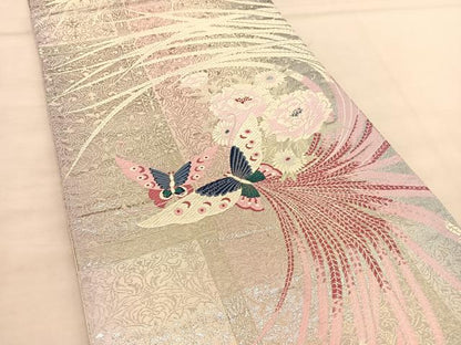 平和屋着物◎六通柄袋帯 唐織 花蝶文 銀糸 正絹 逸品 BAAU1078hv