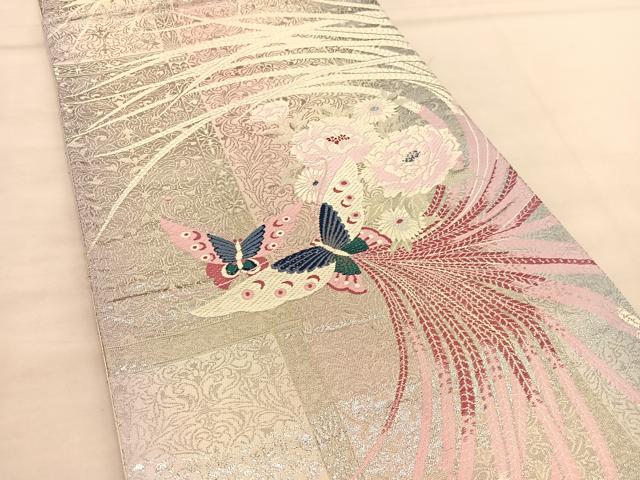 平和屋着物◎六通柄袋帯 唐織 花蝶文 銀糸 正絹 逸品 BAAU1078hv