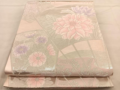 平和屋着物◎六通柄袋帯 唐織 扇面花文 銀糸 正絹 逸品 BAAU1079hv