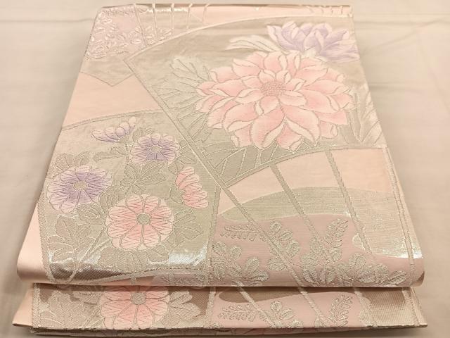 平和屋着物◎六通柄袋帯 唐織 扇面花文 銀糸 正絹 逸品 BAAU1079hv