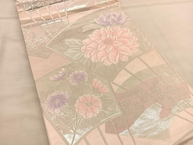 平和屋着物◎六通柄袋帯 唐織 扇面花文 銀糸 正絹 逸品 BAAU1079hv