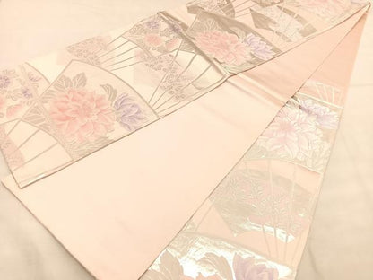 平和屋着物◎六通柄袋帯 唐織 扇面花文 銀糸 正絹 逸品 BAAU1079hv