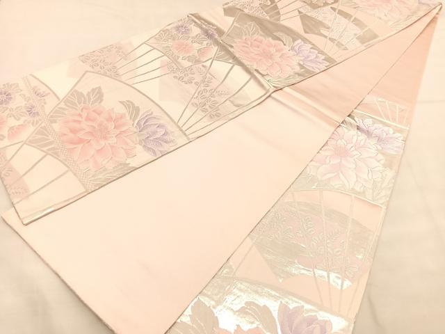 平和屋着物◎六通柄袋帯 唐織 扇面花文 銀糸 正絹 逸品 BAAU1079hv