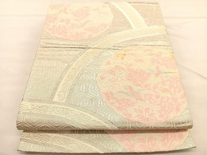 平和屋着物◎六通柄袋帯 唐織 花鳥絵皿文 銀糸 正絹 逸品 BAAU1092hv