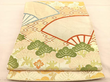 平和屋着物◎六通柄袋帯 唐織 扇面松文 金糸 正絹 逸品 BAAU1093hv