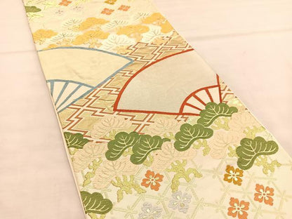 平和屋着物◎六通柄袋帯 唐織 扇面松文 金糸 正絹 逸品 BAAU1093hv