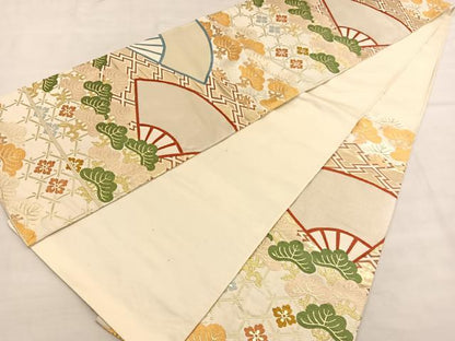 平和屋着物◎六通柄袋帯 唐織 扇面松文 金糸 正絹 逸品 BAAU1093hv