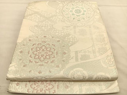 平和屋着物◎六通柄袋帯 正倉院流水花文 銀糸 正絹 逸品 BAAU1104hv