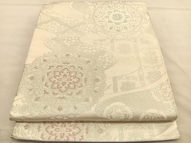 平和屋着物◎六通柄袋帯 正倉院流水花文 銀糸 正絹 逸品 BAAU1104hv