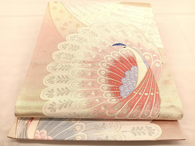 平和屋着物◎六通柄袋帯 唐織 孔雀 銀糸 正絹 逸品 BAAU1111hv