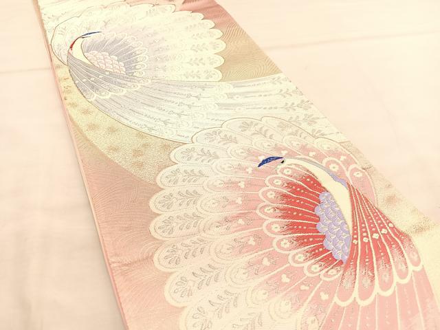 平和屋着物◎六通柄袋帯 唐織 孔雀 銀糸 正絹 逸品 BAAU1111hv