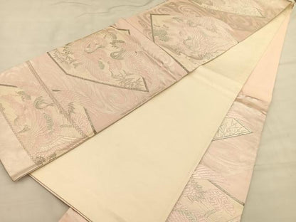 平和屋着物◎六通柄袋帯 唐織 鶴浜松文 銀糸 正絹 逸品 BAAU1114hv