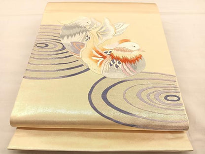 平和屋着物◎太鼓柄袋帯 刺繍 流水鴛鴦文 金糸 正絹 逸品 BAAU1128hv