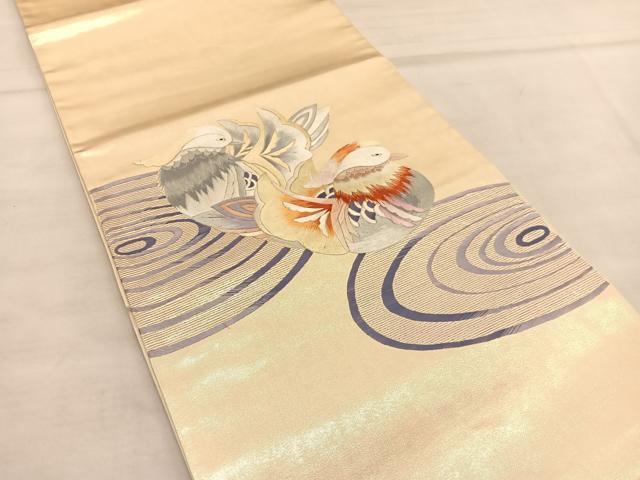 平和屋着物◎太鼓柄袋帯 刺繍 流水鴛鴦文 金糸 正絹 逸品 BAAU1128hv