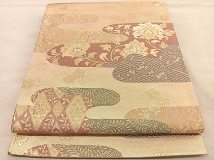 平和屋着物◎六通柄袋帯 絵霞花文 金糸 正絹 逸品 BAAU1132hv