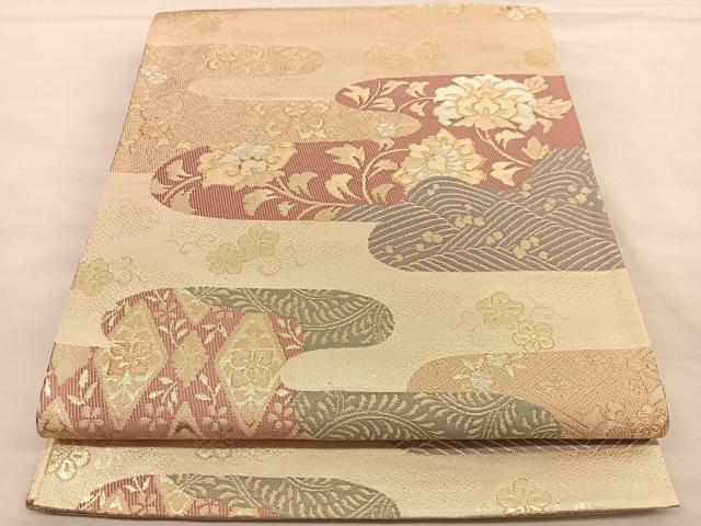 平和屋着物◎六通柄袋帯 絵霞花文 金糸 正絹 逸品 BAAU1132hv