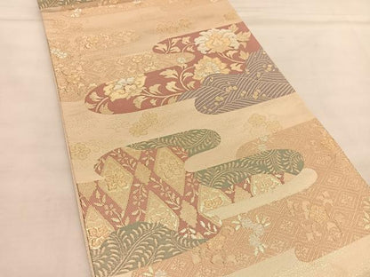 平和屋着物◎六通柄袋帯 絵霞花文 金糸 正絹 逸品 BAAU1132hv