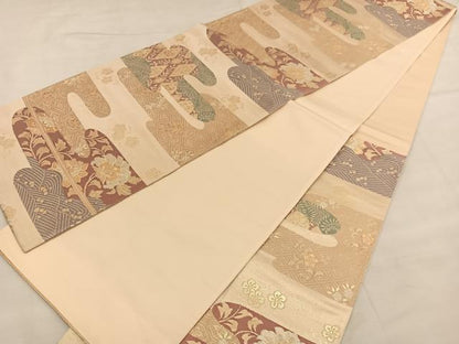 平和屋着物◎六通柄袋帯 絵霞花文 金糸 正絹 逸品 BAAU1132hv
