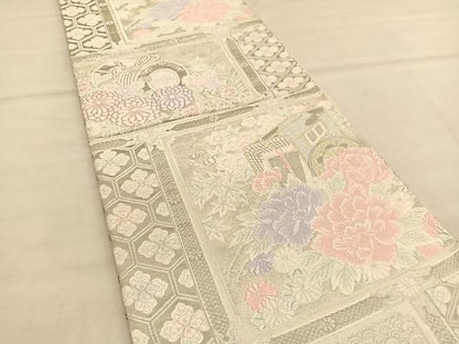 平和屋着物◎六通柄袋帯 唐織 御所車天井文様 プラチナ箔 正絹 逸品 BAAU1139hv