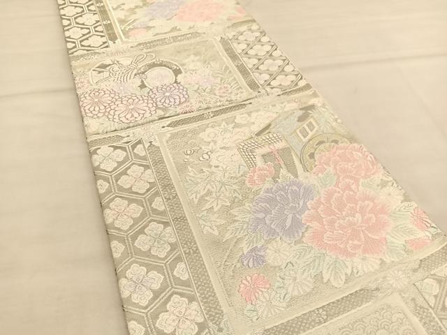 平和屋着物◎六通柄袋帯 唐織 御所車天井文様 プラチナ箔 正絹 逸品 BAAU1139hv