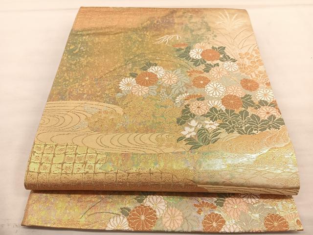 平和屋着物◎六通柄袋帯 唐織 錦秀蒔絵草花文 金糸 引箔 正絹 逸品 BAAU1146hv