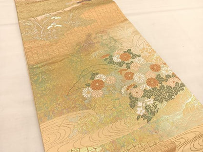 平和屋着物◎六通柄袋帯 唐織 錦秀蒔絵草花文 金糸 引箔 正絹 逸品 BAAU1146hv