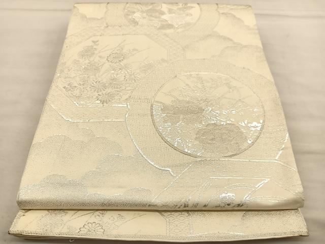平和屋着物◎六通柄袋帯 花絵皿文 銀糸 正絹 逸品 BAAU1158hv