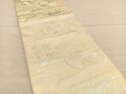 平和屋着物◎六通柄袋帯 花絵皿文 銀糸 正絹 逸品 BAAU1158hv
