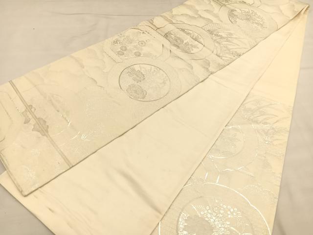 平和屋着物◎六通柄袋帯 花絵皿文 銀糸 正絹 逸品 BAAU1158hv