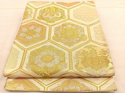 平和屋着物◎六通柄袋帯　亀甲花文　金銀糸　正絹　逸品　BAAU1219hv