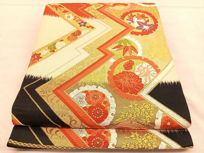 平和屋着物◎六通柄袋帯 唐織 雪輪花文 黒地 金糸 正絹 逸品 BAAU1221hv