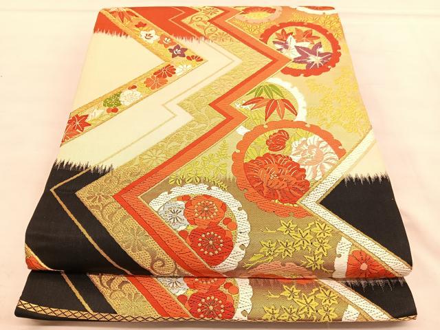 平和屋着物◎六通柄袋帯 唐織 雪輪花文 黒地 金糸 正絹 逸品 BAAU1221hv