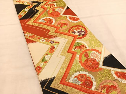平和屋着物◎六通柄袋帯 唐織 雪輪花文 黒地 金糸 正絹 逸品 BAAU1221hv