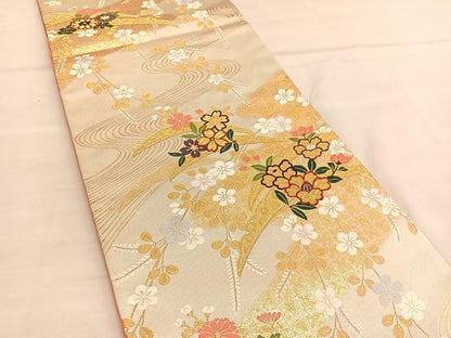 平和屋着物◎六通柄袋帯 唐織 流水雪芝花文 金糸 正絹 逸品 BAAU1245hv