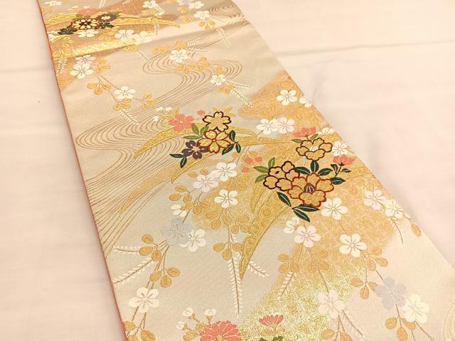 平和屋着物◎六通柄袋帯 唐織 流水雪芝花文 金糸 正絹 逸品 BAAU1245hv