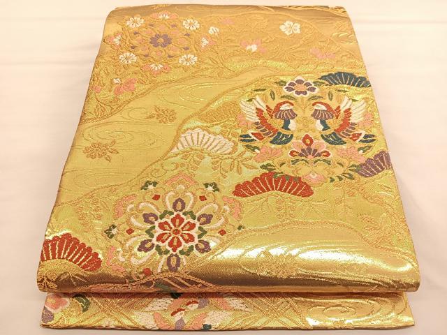 平和屋着物◎西陣　六通柄袋帯　唐織　向かい鴛鴦花文　金糸　正絹　逸品　BAAU1246hv