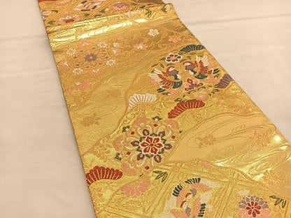平和屋着物◎西陣　六通柄袋帯　唐織　向かい鴛鴦花文　金糸　正絹　逸品　BAAU1246hv