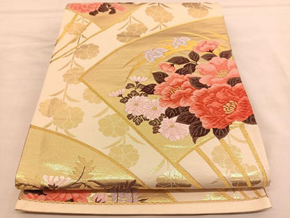 平和屋着物◎六通柄袋帯　唐織　扇面花文　金糸　正絹　逸品　BAAU1261hv